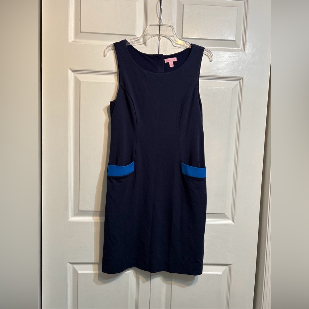Lilly Pulitzer Blue Sleeveless Sheath Dress Size M Medium Exposed Zipper Pockets